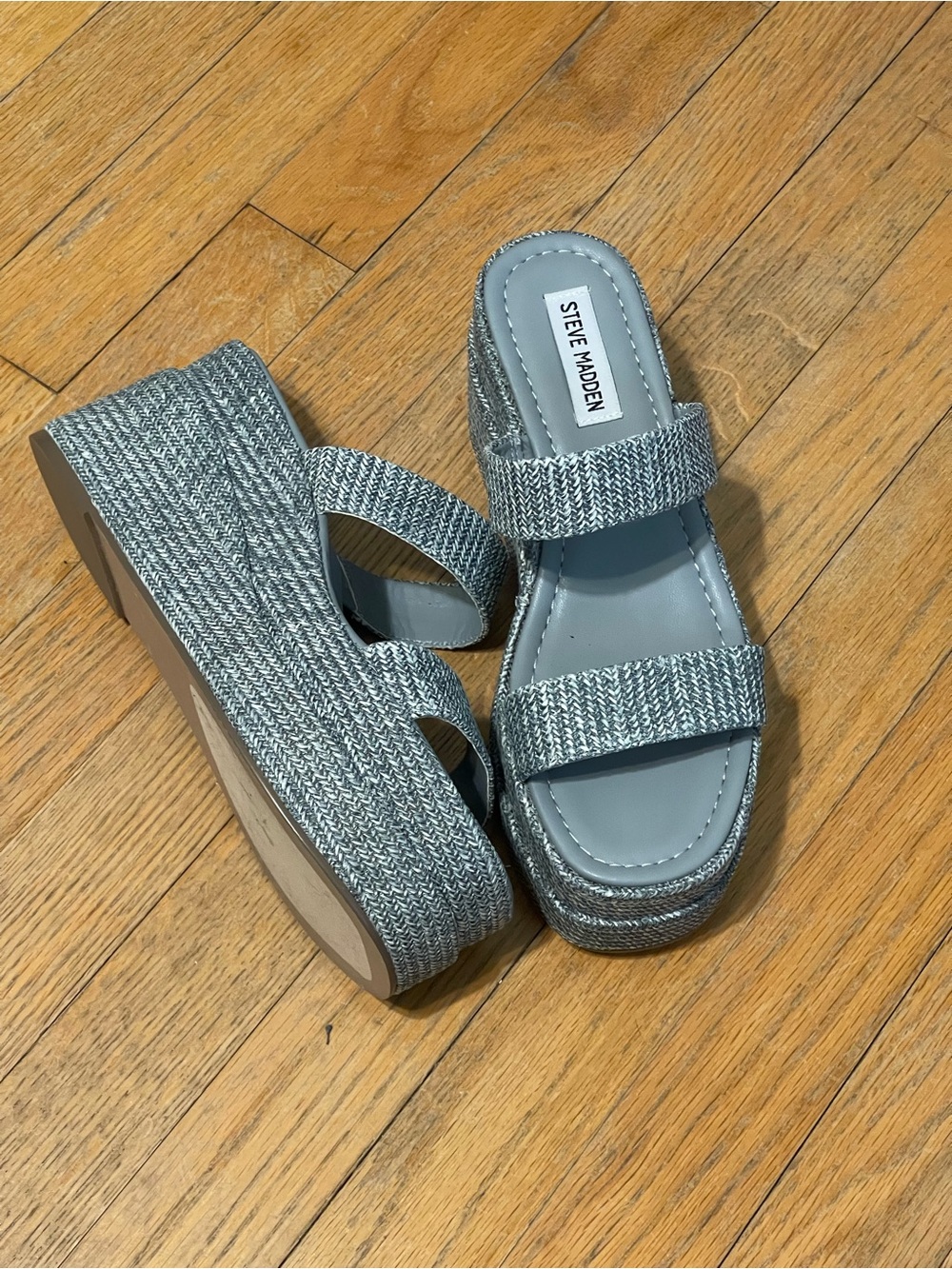 NWOT Steve Madden Merrcer Platform Wedge Slide Sandal 8.5 Blue Raffia